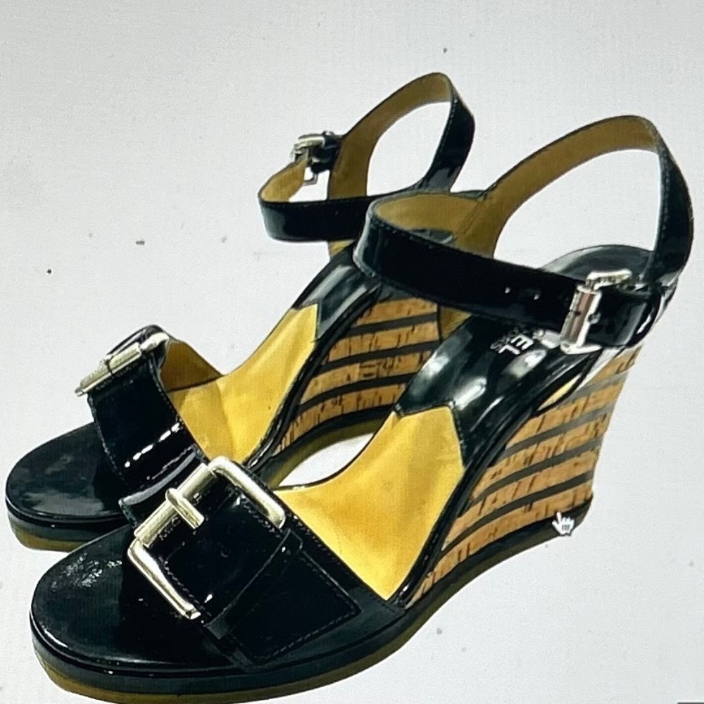 Michael Kors Pacific Black Patent Leather Wedge Sandals, Size 6.5